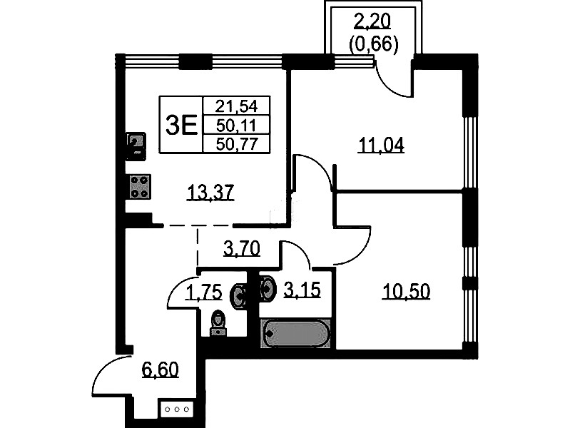 2-комнатная квартира 50.77 м², 10/17 эт., ЖК «Невская Долина»